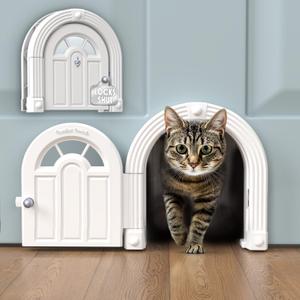 Meow Manor Cat Door Interior Door - No-Flap, Interior Cat Door for Cats Up to 20 lbs., Easy DIY Setup, Secured Installation in Minutes, No Training Needed (Original, White With Silver Accents)