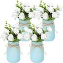 Blue 4 Sets Mason Jar Table Centerpieces with Artificial Rose Flowers, Farmhouse Wedding Floral Centerpieces Decor for Table Bridal Baby Shower Tea Party Rustic Decor