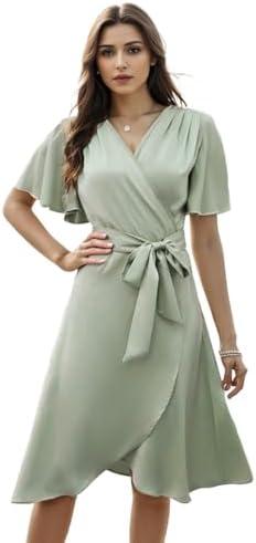 AliChan Womens Summer Satin Wrap Casual Dress V Neck Flared Sleeve Tie Front Waist Elegant Dress, Medium