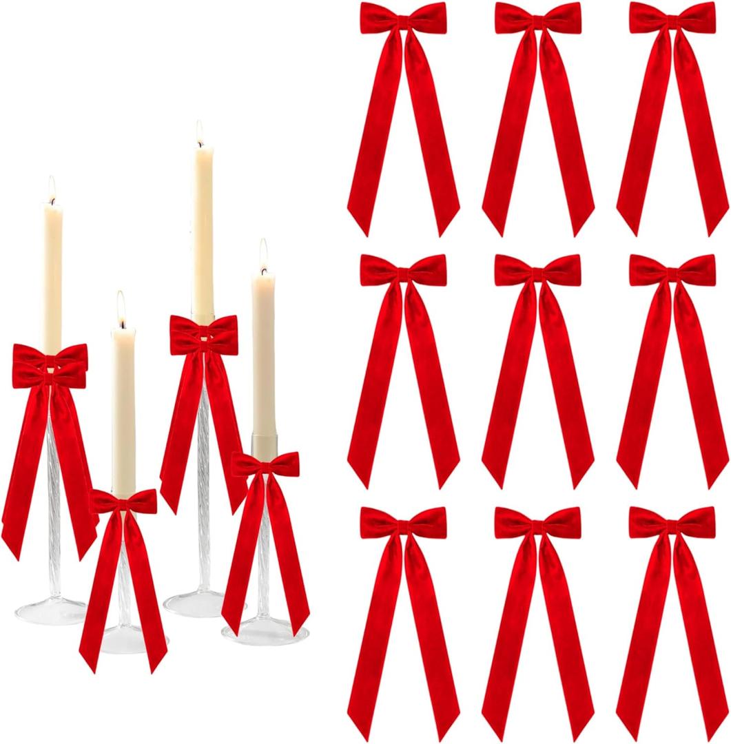 Meseey 12 Pcs Red Candlestick Decoration Bows, 5x13.5 Inch Decorative Velvet Bows for Candle Holder, Bridal Showers, Birthdays & Table Centerpieces Home Decor