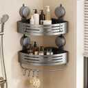 Corner Shower Caddy Bathroom Organizer,2-Packed Gray No-Drilling Aluminum Suction Cup Corner Shower Shelf with Towel Bar and Hooks,Moder Wall Shower Organizer and Storage Decor