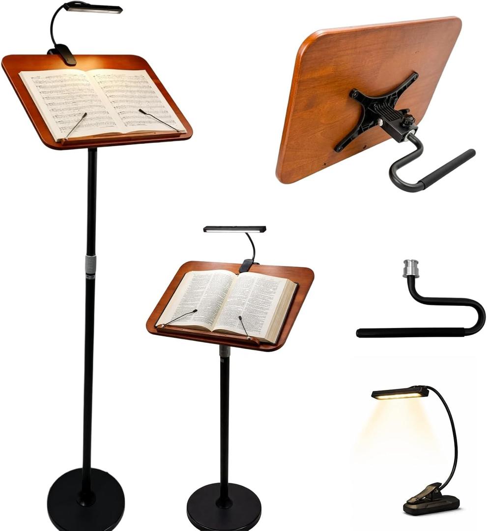 2 in 1 Multiplel-Use Music Stand with Light, Book Holder for Reading, Height Adjustable 18''-55'' Bible Shtender, Portable Podium Stand, Wood Table Stand for Laptop, Classroom, Church, Speech