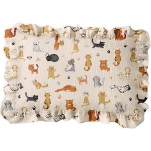 1 Pack Toddler Pillowcase - 13x18 Cotton Muslin Pillow case with Ruffles, Envelope Closure No Zipper Design, Cute Cartoon Soft Breathable Pillow Case for Kids Baby Toddler Girls Boys, Cat