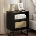 Masupu Rattan Nightstand,Modern Boho Farmhouse Wood Bedside Table with Storage Drawer and Open Shelf,Small Black Frame Side End Table for Bedroom,Living Room,Office, Black,  Normal Size 