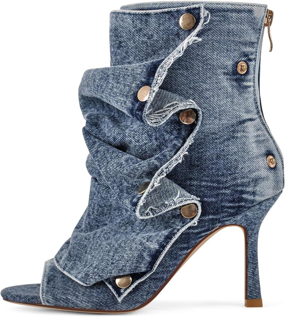 sexytag Women's Peep Toe Booties Slouchy Stiletto Kitten Heel Shark Boots Open Toe Back Zipper Fashion Ankle Short Boot, 11