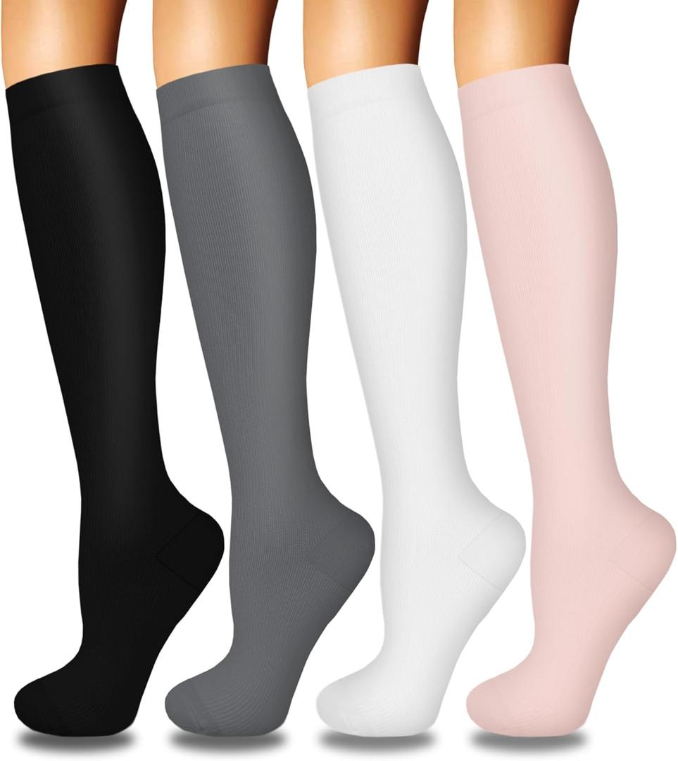 Iseasoo 4 Pairs Compression Socks for Women Circulation-Best Support for Nurses,Running,Athletic,Travel (Large-X-Large, 01-Black/Grey/White/Pink)