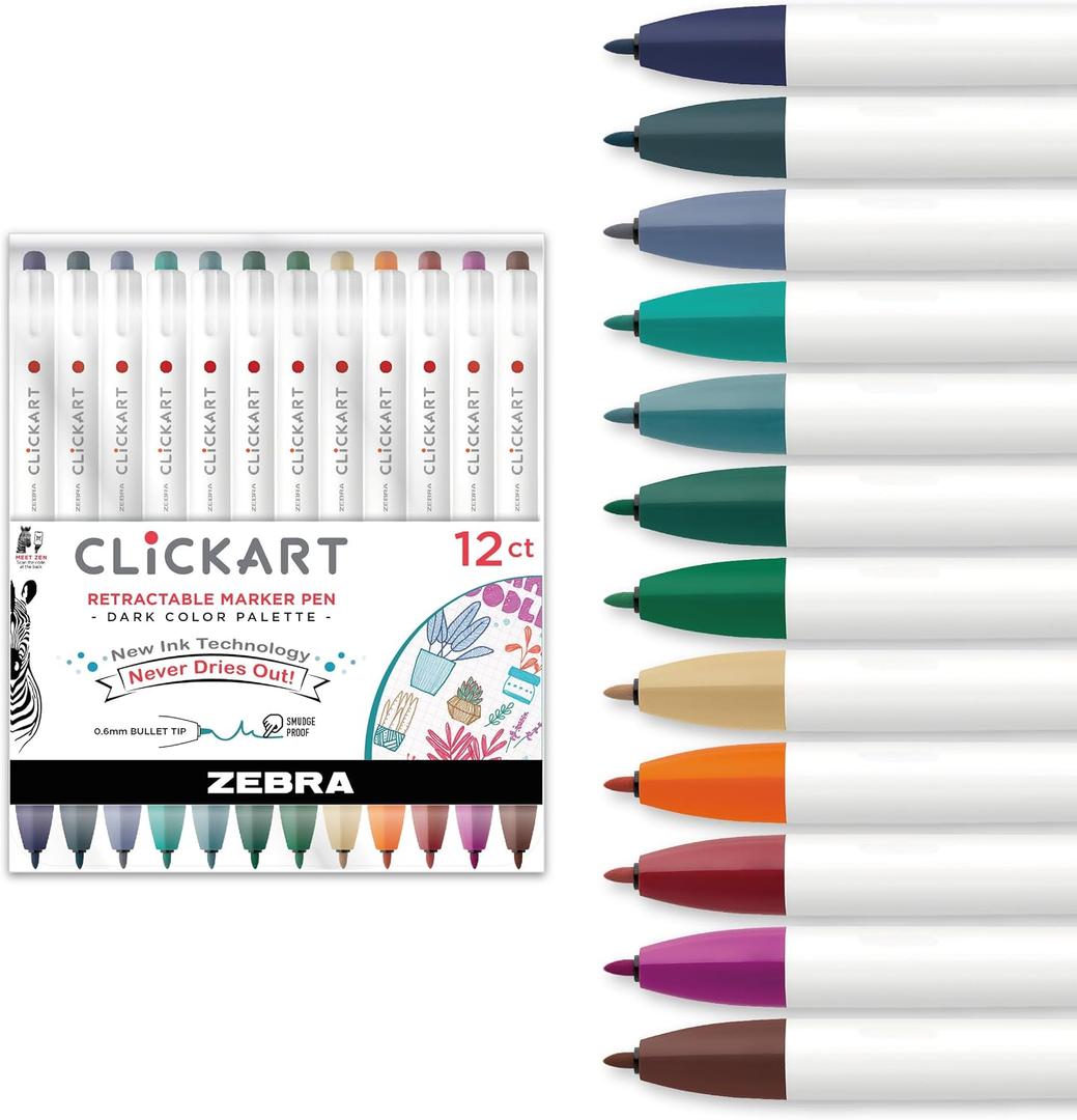 Zebra Pen CLiCKART Retractable Felt Tip Pen, Assorted Dark Ink Colors, 0.6mm Fine Point, Moisture Absorbing to Prevent Drying Out, No Bleed, Ideal for Journaling, Drawing and Writing, 12-Pack (69812)