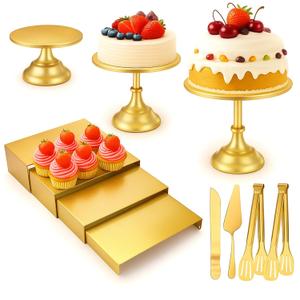 Lallisa 11 Pcs Gold Cake Stand Set Cake Stand Set for Dessert Table 3 Size Metal Round Cakes Pedestal Stands with 4 Size Cupcake Risers Stands Clamp, Cakes Knife and Server for Party Birthday Wedding