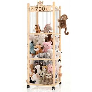 Stuffed Animal Storage Zoo Tower, 56In Wooden Large Stuffed Animal Holder Organizer with Wheels, Stuffy Plushies Storage with Elastic Band & Mesh Bottom, Toy Storage Organizers for Playroom Bedroom Nursery - Natural Wood
