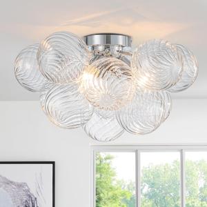 GoYeel Modern Chandelier Close to Ceiling Light Fixture 3 Light Contemporary Mid Century Glass Chandelier 18.5" with 13 Clear Swirled Globe Foyer Bedroom Living Room