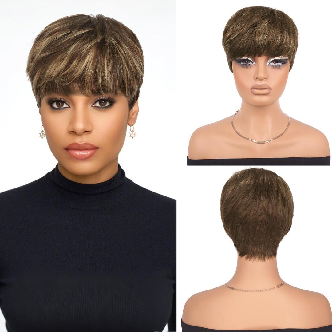 PEACOCO Pixie Cut Wig Human Hair Short Wigs for Black Women Natural Straight Glueless Pixie Wig with Bangs Layered Virgin Short Wigs for Women Blond 4/27#