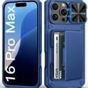 for iPhone 16 Pro Max Case with Card Holder (4-5 Cards), Slide Camera Cover & Military Grade Protection, Shockproof Heavy Duty Rugged Women Men Wallet Phone Case for iPhone 16 Promax, Blue