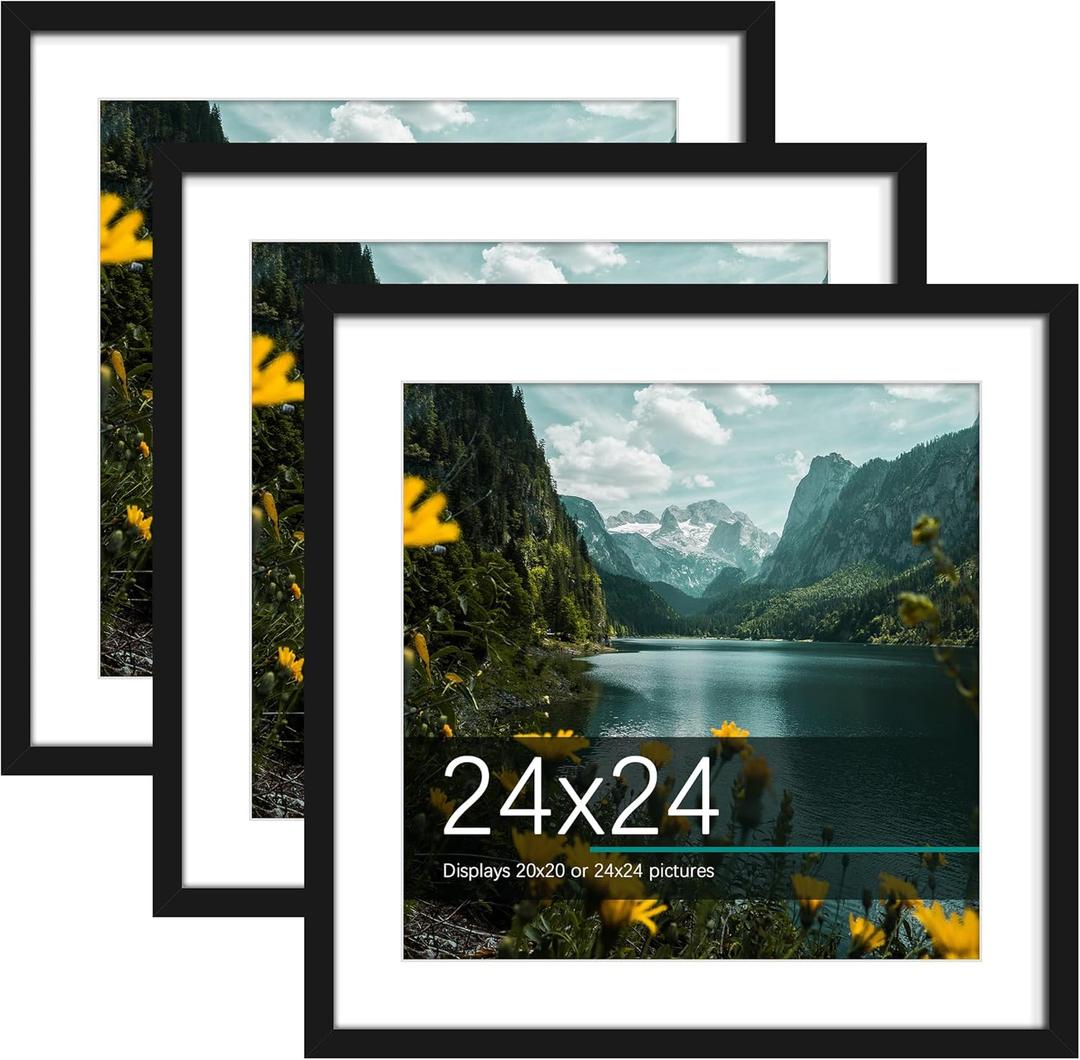 Picrit 24x24 Picture Frame 3 Pack, Black Poster Frame, Display Poster 20 x 20 with Mat or 24 x 24 without Mat for Horizontal or Vertical Wall Mounting