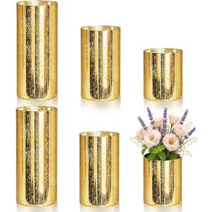6 Pcs Gold Cylinder Vases for Centerpieces Mercury Vase Hurricane Vase Bulk Acrylic Round Wide Container for Flowers Home Office Wedding Table Decorations (4''/6''/8'')