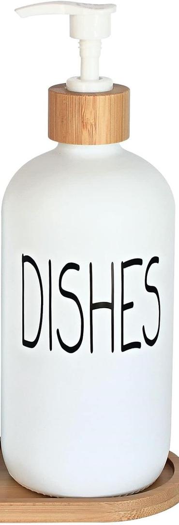 Glass Soap Dispenser Set -  Dish Soap Dispenser with Bamboo Tray. Vintage Soap Dispenser with Pump for Kitchen Sink and Bathroom. Stylish Permanent Labels (Matte White) 1Pcs