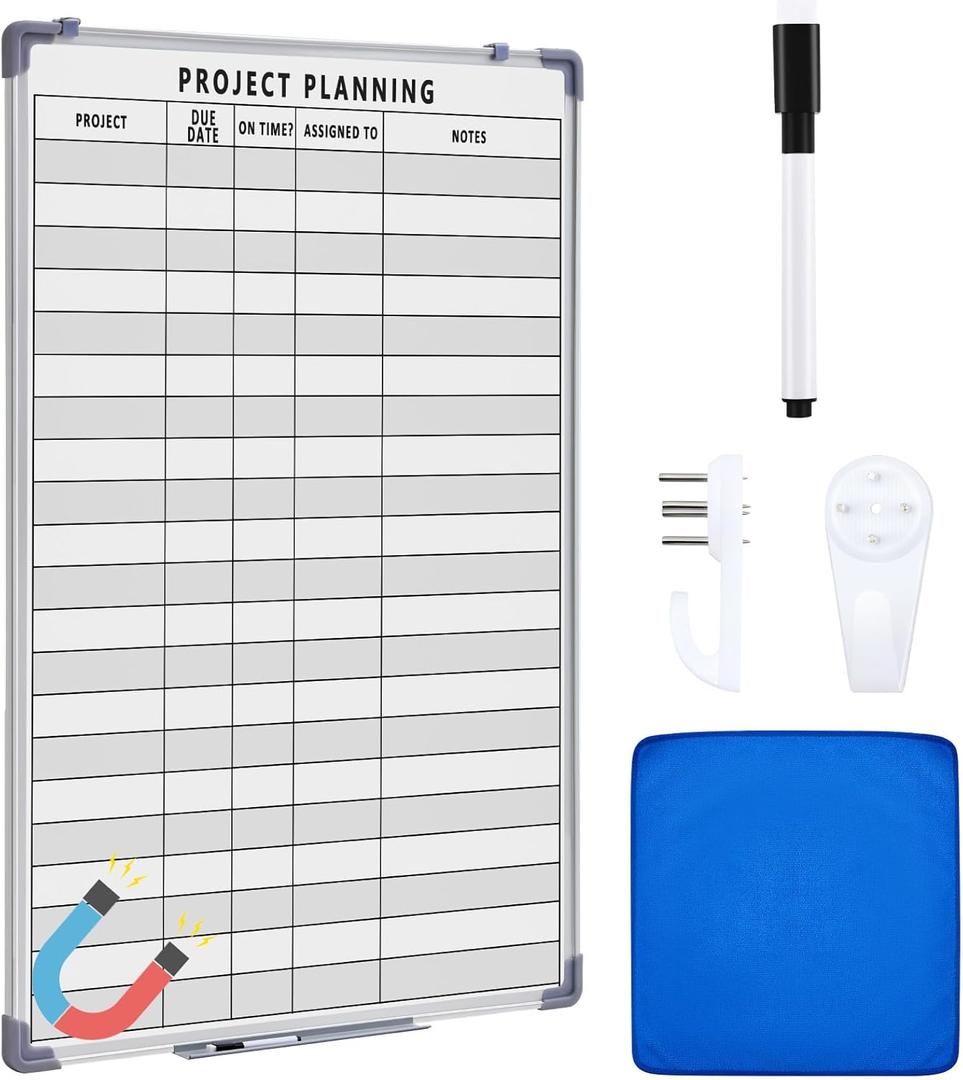 Lincia Project Planning Dry Erase Whiteboard Magnetic Dry Erase Board with Lines Sliding Marker Tray Aluminum Frame White Board Planner for Wall Scheduling(24"x 36",Project Planning Vertical)