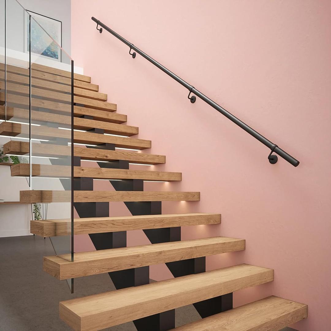 Rothley Industrial Stair Railing Indoor: 11.8Ft Metal Handrail for Indoor Stairs Matte Black Stair Rail Attach to Wall Staircase 1.6" Round Pipe Hand Railings for Elderly & Kids