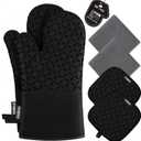 KEGOUU Oven Mitts and Pot Holders 6pcs Set, Kitchen Oven Glove High Heat Resistant 500 Degree Extra Long Oven Mitts and Potholder with Non-Slip Silicone Surface for Cooking (Black)