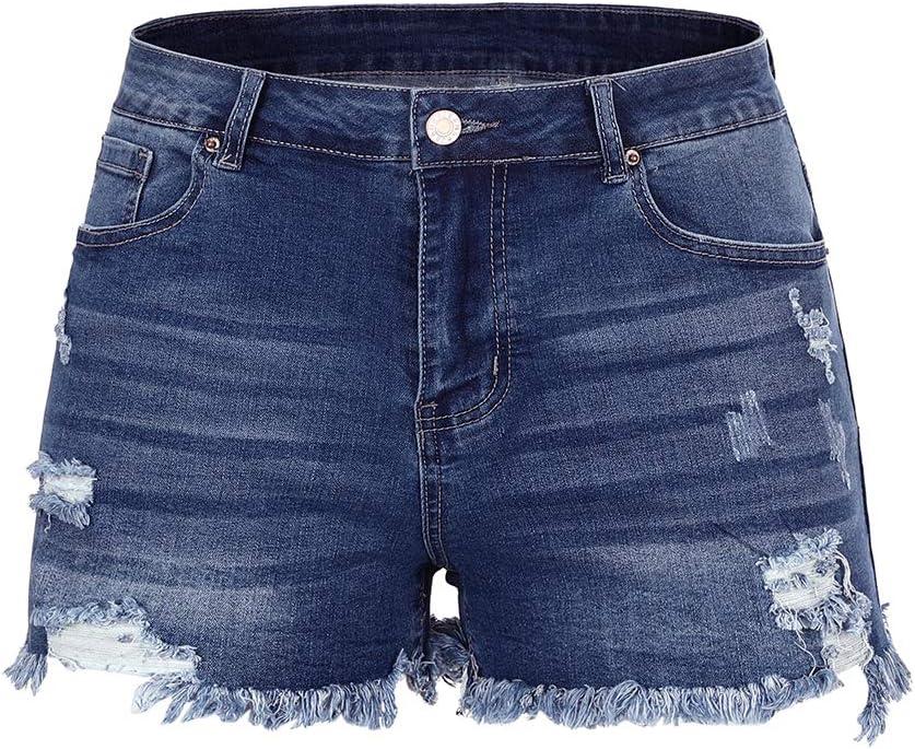 THUNDER STAR Women Mid Rise Ripped Stretchy Jeans Shorts Frayed Raw Hem Casual Denim Shorts Size 14