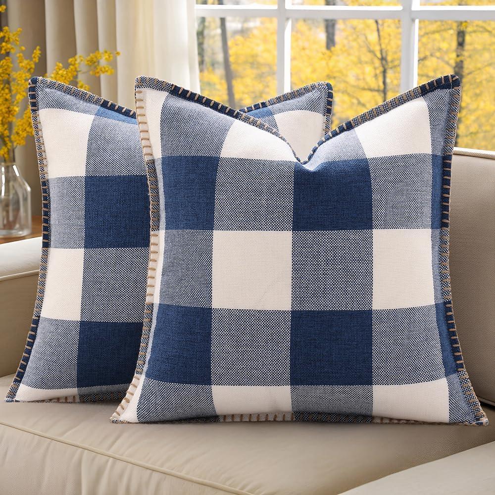 decorUhome Summer Buffalo Plaid Check Throw Pillow Covers 18x18 Set of 2 Outdoor Linen Decorative Farmhouse Gingham Pillow Covers with Stitched Edge for Bed Couch Sofa, Navy Blue and White
