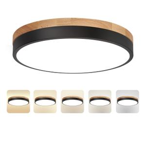 11.8 inch Wood Led Flush Mount Ceiling Light, Dimmable, 5CCT 3000K-6000K Selectable, 36W, 3600LM, Round Modern White Light Fixture Ceiling Mount for Bedroom, Laundry Room,Kitchen, Hallway, Black