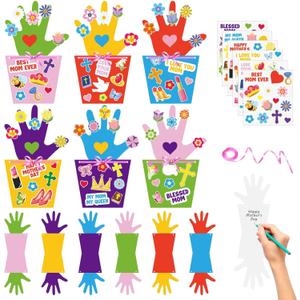 24 Set Mother's Day Craft Kits DIY Handprint Flower Pot Handmade Greeting Card Kits with Ribbon Flowers Stickers Happy Mothers Day DIY Art and Craft Projects Gifts for Classroom Game Home Activities