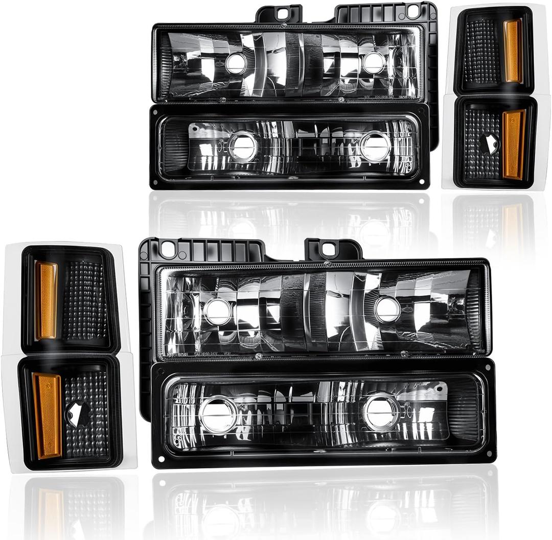 Headlight Assembly, Compatible with Chevy GMC 1995-1999 Tahoe/1994-2002 C1500 C2500 C3500 Suburban, Fit 1994-2000 K1500 K2500 K3500 Suburban, Fit 1994 Blazer Black Housing Amber Reflector