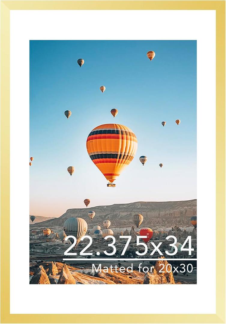 JCJMY 22.375x34 Picture Frame with 20x30 Mat, Display Photo 20x30 with Mat or 22.375 x 34 Without Mat, Wall Hanging Large 22.375 by 34 Poster Frame with Plexiglass, Gold