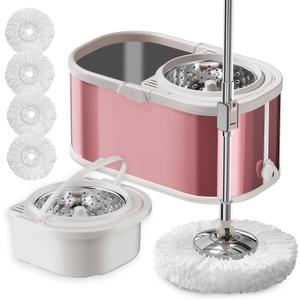 EasyWring Microfiber Spin Mop, 360 Spining Mop and Bucket Set for Cleaning with Extra Refills, Trueclean Mop Bucket System, Microfiber Floor Cleaner Adjustable Mop Handle (Pink)
