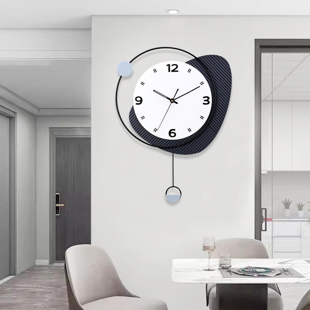 Decorative Wall Clock with Pendulum, Silent Quartz Battery Operated, Large Wall Clock for Living Room, Kitchen, Home, Bathroom, Bedroom Wall Decor,15x20.5 inch (593-black White)