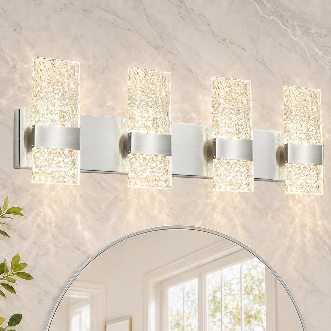 Modern Brushed Nickel 4 Lights Bathroom Vanity Light, Eleglant Nickel LED Bathroom Light Fixtures over Mirror, Dimmable Acrylic Shade Wall Lighting Fixtures, Hardwired Wall Light(H9.25in, L28.35in), 4 light-Large