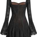 Women's Short Corset Y2k Mini Dress Long Sleeve Low Cut Lace Dress Vintage Solid Floral Party Dresses (Black, L)