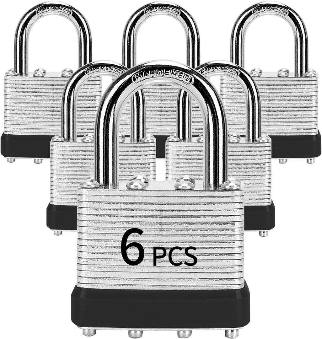 Padlocks with Same Key, LQYN 6 Pcs Laminated Keyed Padlock (1-9/16", 40mm), Keyed Alike Locks, Normal Shackle, for Storage Locker, Hasp Latch, Toolbox, Sheds (6 Pack Black)