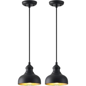 7in Dome Black Farmhouse Barn Pendant Light with Brass Interior, 2 Pack Outdoor Porch Hanging Lamp Small Industrial Barn Style Pendant Lighting for Bedroom Kitchen Hallway, Height Adjustable