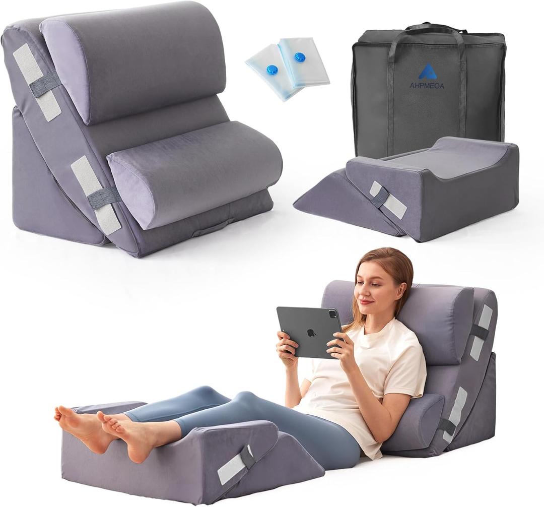 6PCS Wedge Pillow Set for After Surgery, Back Pillow for Bed Sitting Up, Orthopedic Bed Wedge for Body, Leg Pain Relief, Memory Foam Pillow for Post Surgery, Sleeping, Acid Reflux, Plush Grey