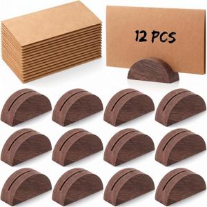 Sawysine 12 Pcs Wooden Table Number Stands with 12 Pcs Tented Cards, Wedding Table Name Holder Semicircular Design Place Card Holders for Banquet Retail Shop Wedding Party Events Decor(Brown)