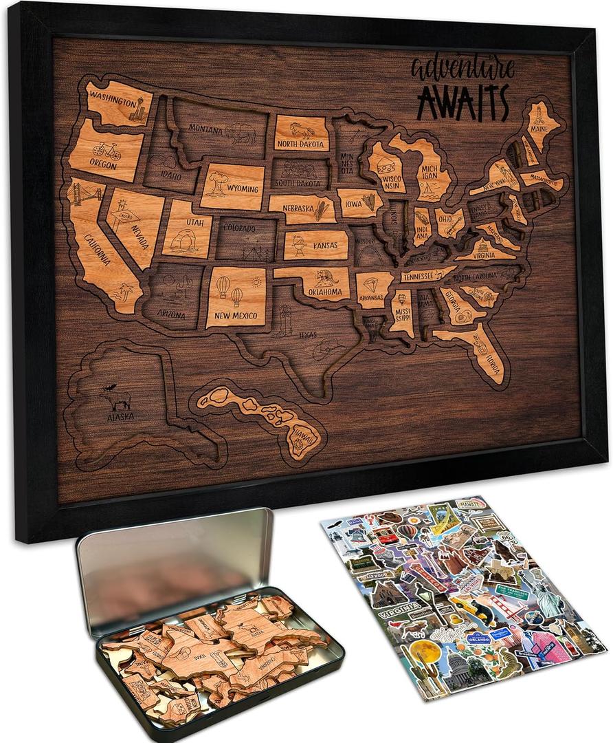 Flinelife USA Landmarks Travel Map, 13x11, Wooden USA Map Puzzle, Perfect For Couples and Families Gift
