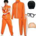 EFORLED Adult Halloween Costumes for Men 2025,Family Orange Zip-Up Tracksuit with Black Wig Cap & Glasses Large