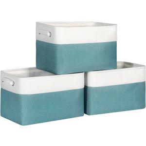 Foldable Storage Bin Collapsible Fabric Storage Basket Cube with Durable Handles Closet Organizer Bins for Organizing Shelves Drawers, Set of 3, 15" x 10" x 9.5", Teal