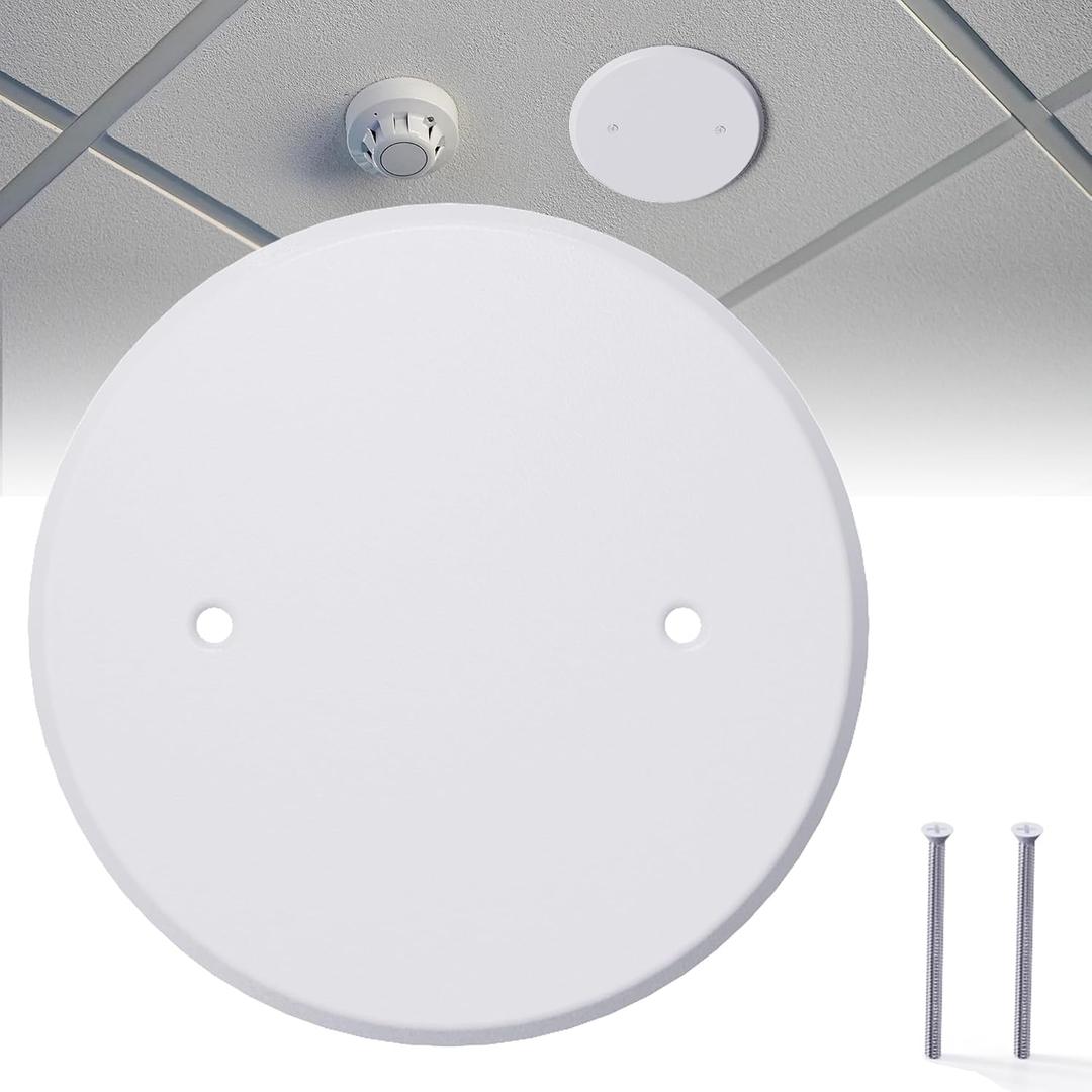 1 Pcs Ceiling Cover Plate, 5 inch Round Outlet Covers Plate For 3-1/2 inch Electrical Box, Metal Blank Cleanout Cover Plate for Smoke Detector, Wall Light Hole, Hole Spacing 2.8 inch-White