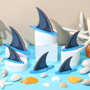 Chunful 6 Pieces Wooden Shark Fin Centerpieces Table Sign Shark Theme Party Birthday Decorations Summer Tiered Tray for Ocean Summer Party Supplies