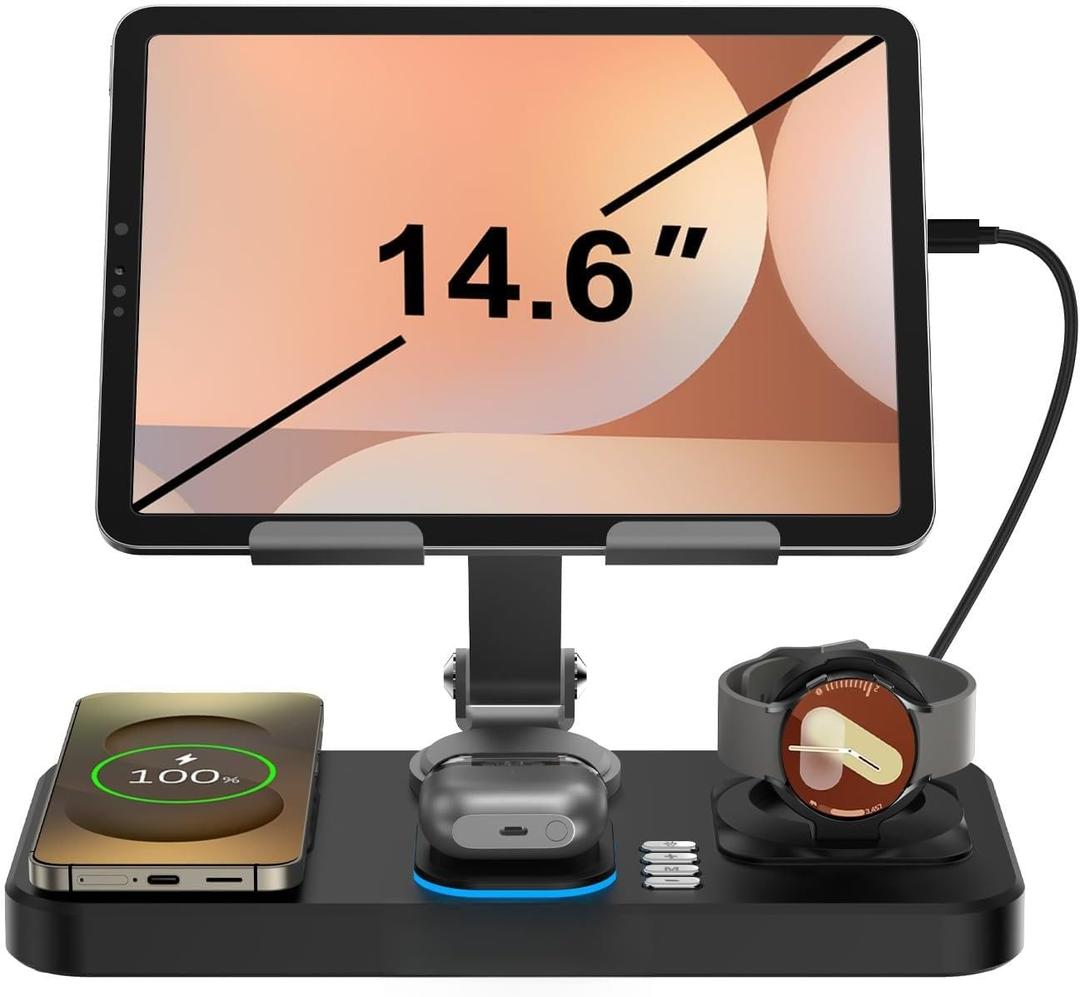 30W Wireless Charger for Samsung/Android Mag-Safe Charging Station with Clock/Light for Samsung S25/S24/S23 Ultra/Buds, for iPad/Tablet Stand, Watch Charger Only for Galaxy Watch 7/6/5,Carbon Black