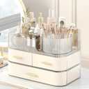 DASITON Makeup Organizer with Drawers and Rotating Makeup Brush Holder,Large Capacity Stackable Cosmetic Organizer Countertop,Bathroom Organizers and Storage,Make up Organizers for Vanity (Cream)