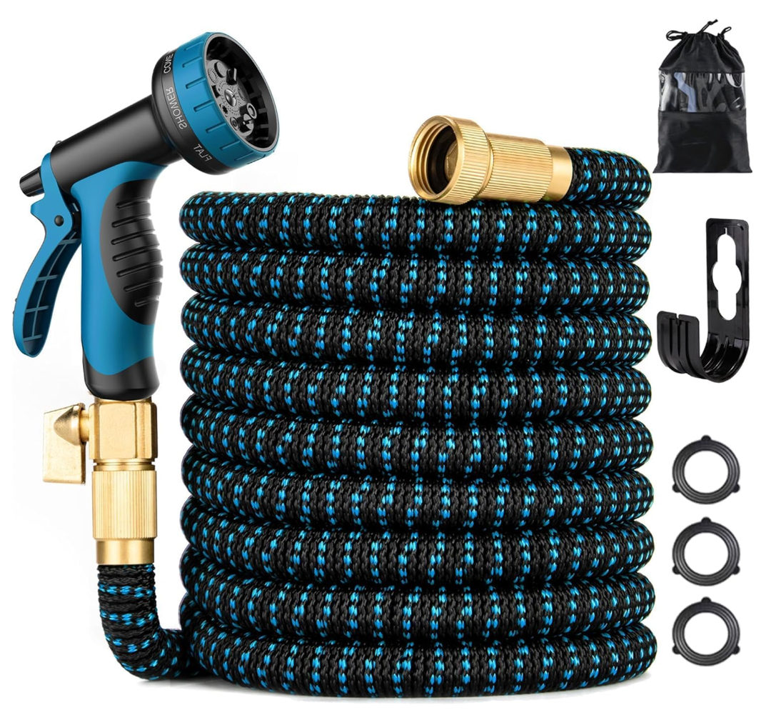 75 ft Expandable Garden Hose - Kink Free Flexible Water Hose 75ft with 10 Pattern Spray Nozzle, 3/4 Solid Brass Connectors, Retractable Latex Core - Lightweight Expanding Hose