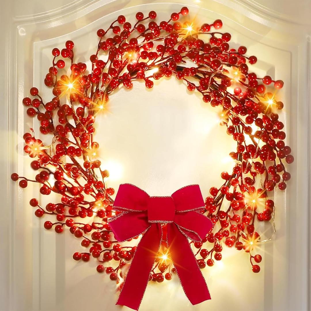 Timer & 8 Modes Prelit Lighted Valentines Christmas Wreaths for Front Door, 20 Warm White Lights with Bowknot Artificial Red Berry Christmas Wreath Battery Operated Small Wreath Home Holiday 18 Inch