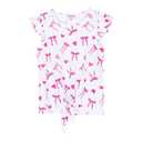 JESKIDS Girls Short Sleeve Shirts Ruffle Sleeve Tie Front Tie Dye Print Summer Tops Heart Bowknot 8-9 Years (White)