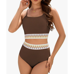 Zando High Waisted Bikini Sets for Women 2025 Ribbed 2 Piece Tummy Control Swimsuits Adjustable Color Block Bathing Suit Size L