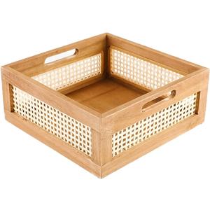 YAHUAN Woven Wooden Storage Crate Box, Decorative Rustic Bamboo Basket With Built-In Handles for Kitchen Pantry, Cabinet, Office, Bedroom, Country Decor (Brown)