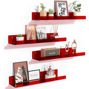 upsimples Acrylic Shelves for Wall Decor, 15" Display Shelf Perfume Organizer for Bathroom, Bedroom, Living Room, Floating Bookshelves for Kids, Clear Red, 4 Pack