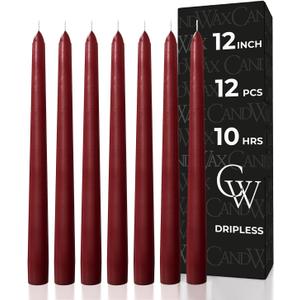 CANDWAX 12 inch Burgundy Taper Candle Set of 12 - Unscented Smokeless Dripless Candlesticks - Candle Sticks for Christmas Decorations, Party Dcor, Dinner Table Centerpieces - Burgundy Tapers